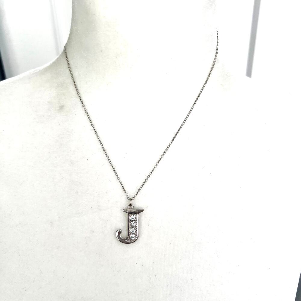 J Initial Rhinestone Studded Adjustable Pendant Necklace on Silver Tone Chain